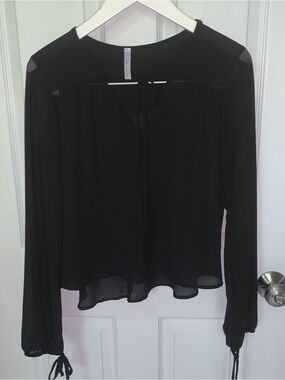 Tie-Neck Sheer Long-Sleeve Blouse — Black